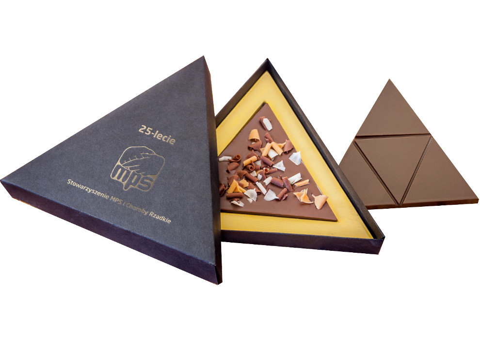 Ręcznie robiona czekolada trójkątna Bakallino z różnorodnymi owocami w eleganckim opakowaniu z personalizacją