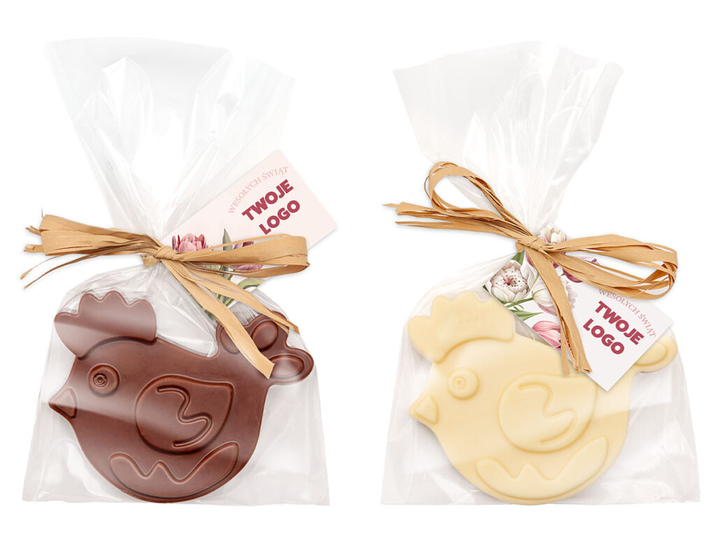 Czekoladowa figurka kurki z firmowym nadrukiem na karnecie