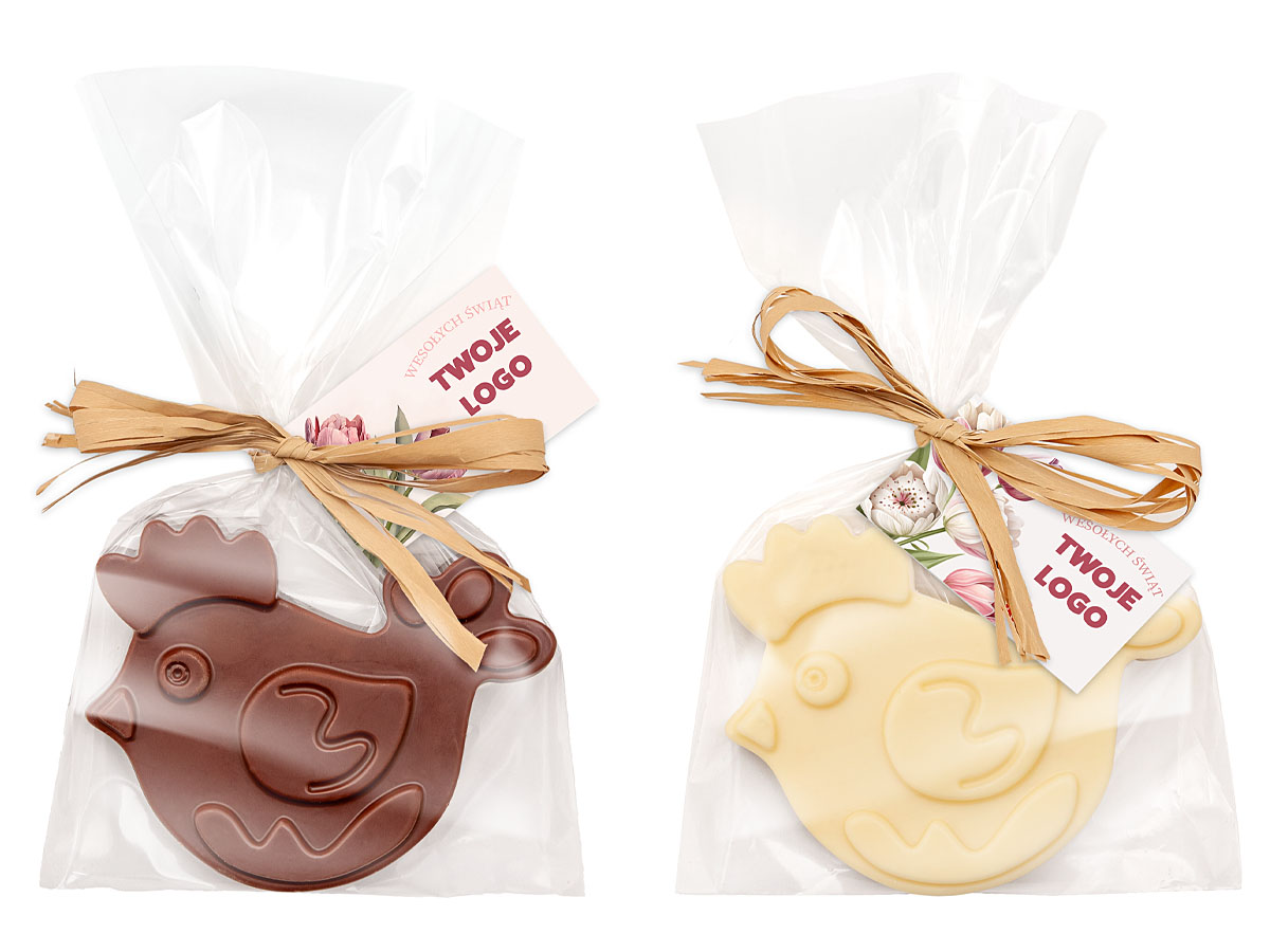 Czekoladowa figurka kurki z firmowym nadrukiem na karnecie