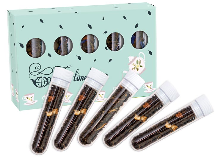 Przezroczyste fiolki z różnymi smakami herbaty w eleganckim pudełku z okienkami i firmowym logo