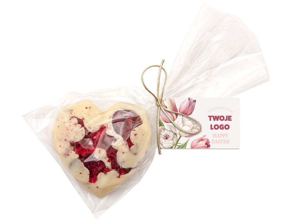 Czekoladowe serce z owocami liofilizowanymi i kartonikiem z nadrukiem logo firmy